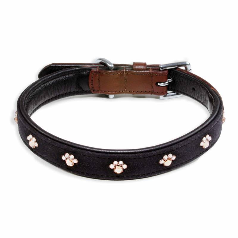 Hundehalsband aus Leder braun schwarz mit Pfoten glitzer Kristallen M-S