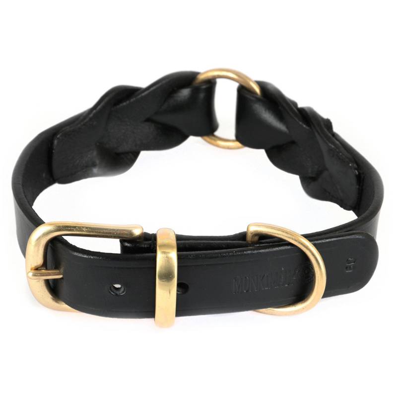Hundehalsband aus Leder schwarz geflochten Messing L-XL