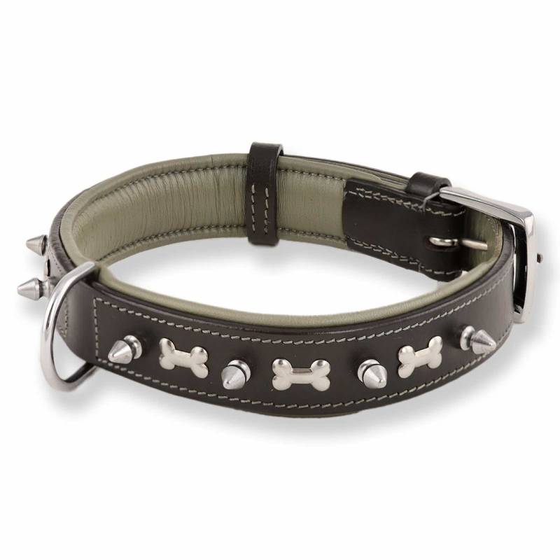 Hundehalsband aus Leder schwarz mit Knochen und Nieten S-M