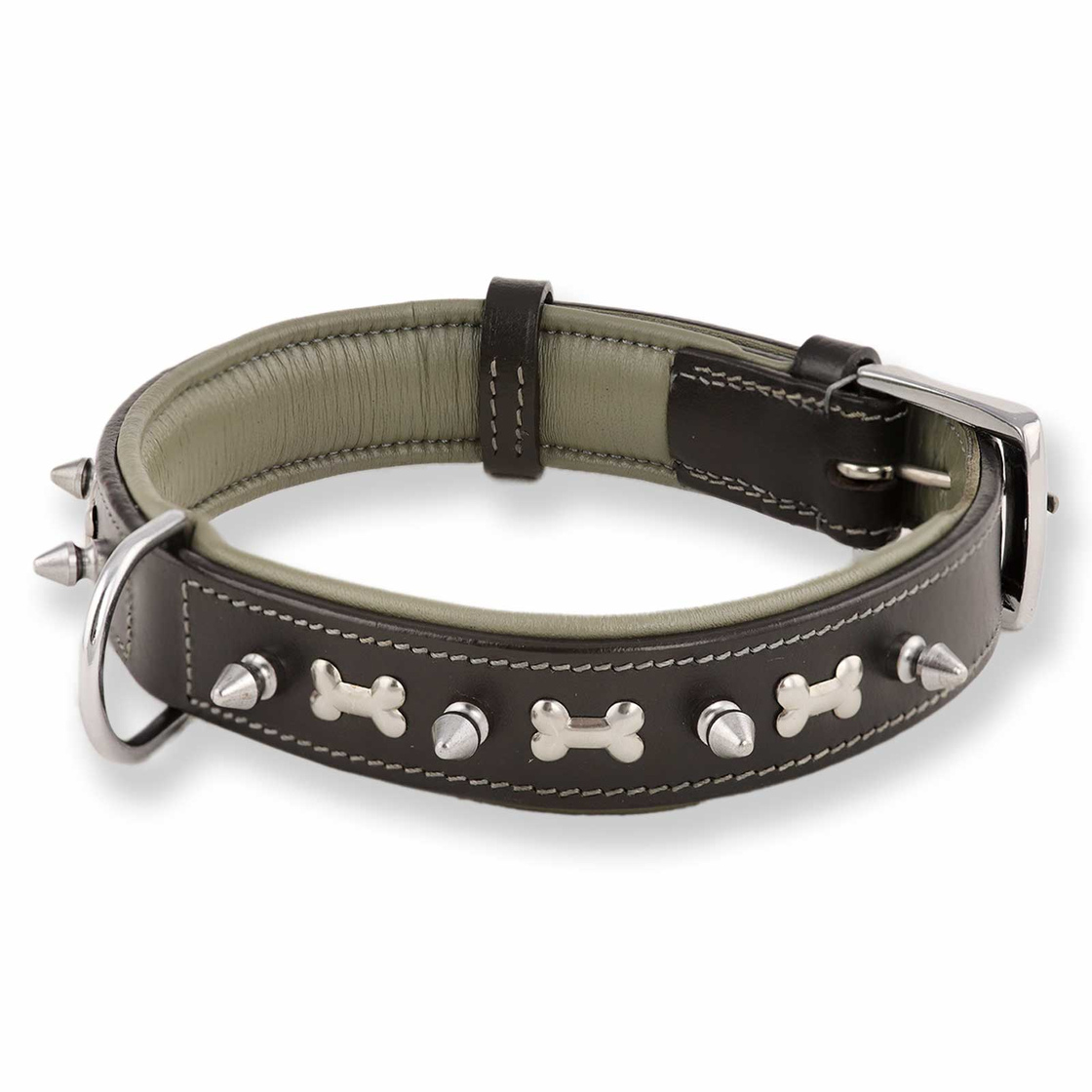 Hundehalsband aus Leder schwarz mit Knochen und Nieten S
