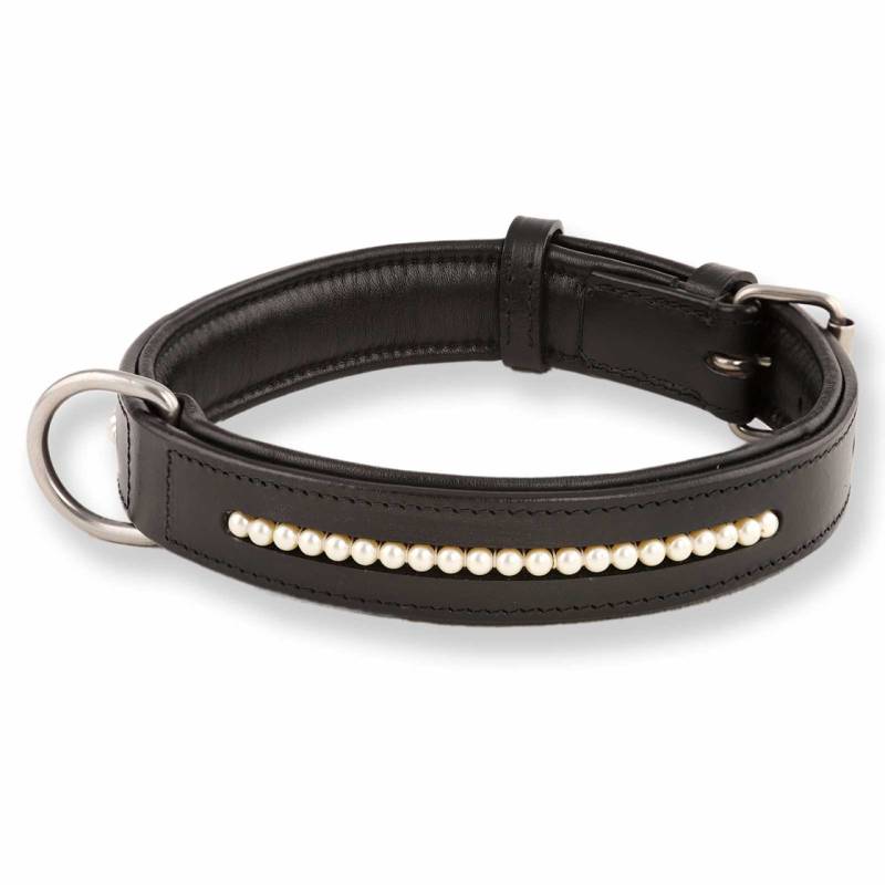 Hundehalsband aus Leder schwarz mit Premium-Perlen M