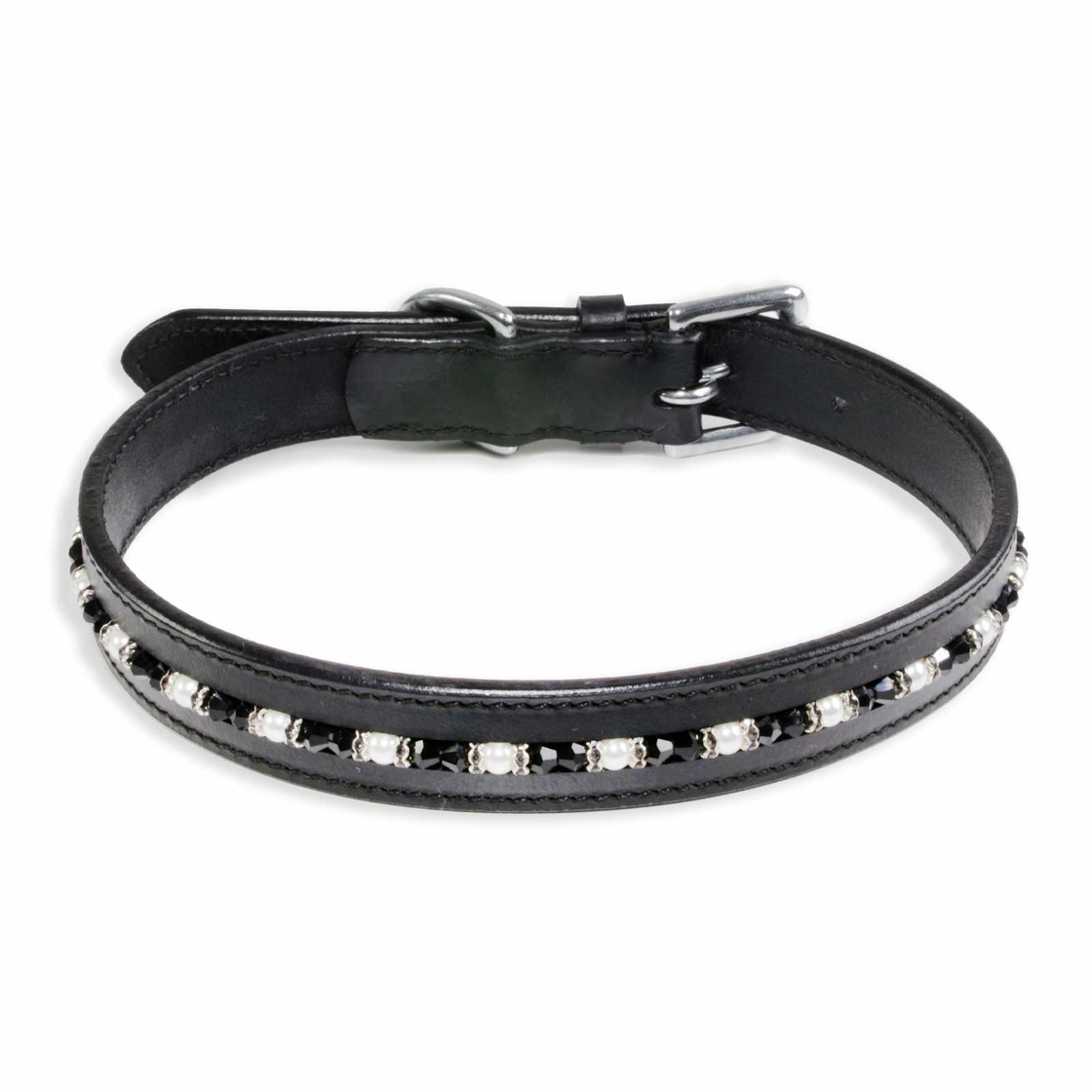 Hundehalsband aus Leder schwarz mit glitzer Kristallen S