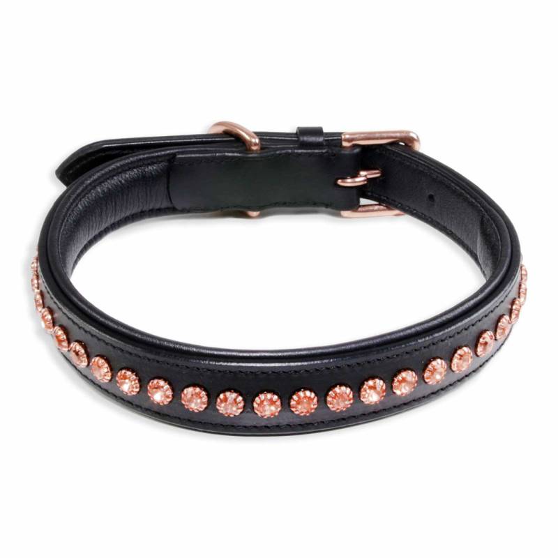 Hundehalsband aus Leder schwarz mit rosegold Kristallen S