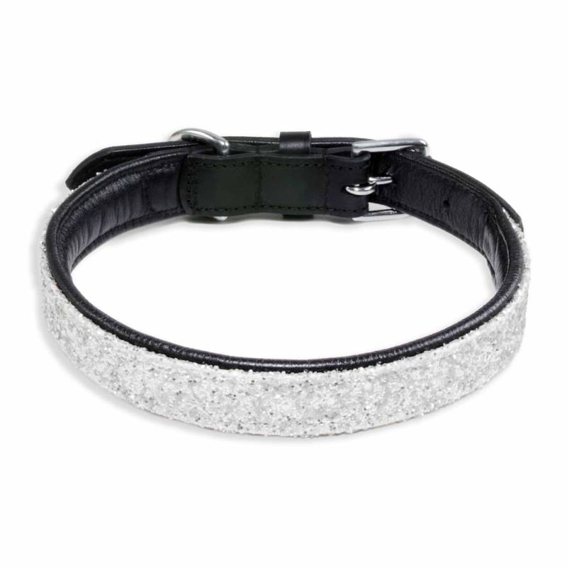 Hundehalsband aus Leder schwarz mit wei?en Pailletten L
