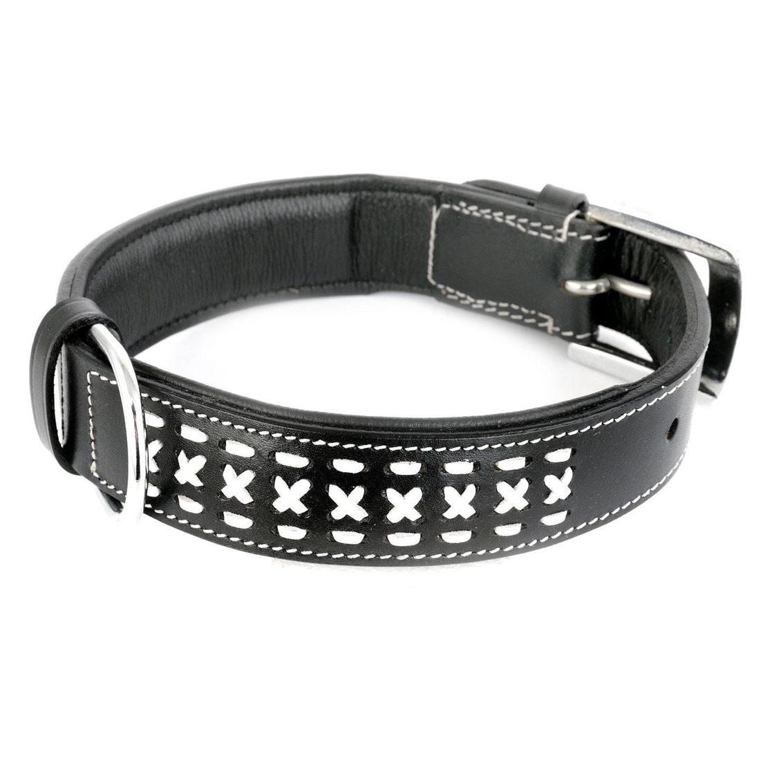 Hundehalsband aus Leder schwarz wei?e Zierflechtung L-XL