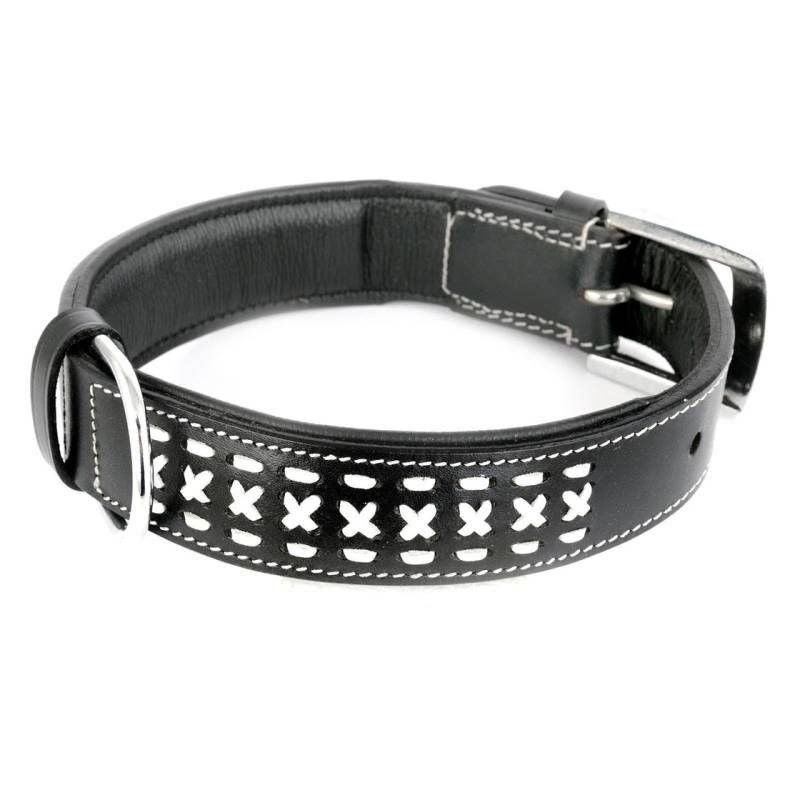 Hundehalsband aus Leder schwarz wei?e Zierflechtung L-XL