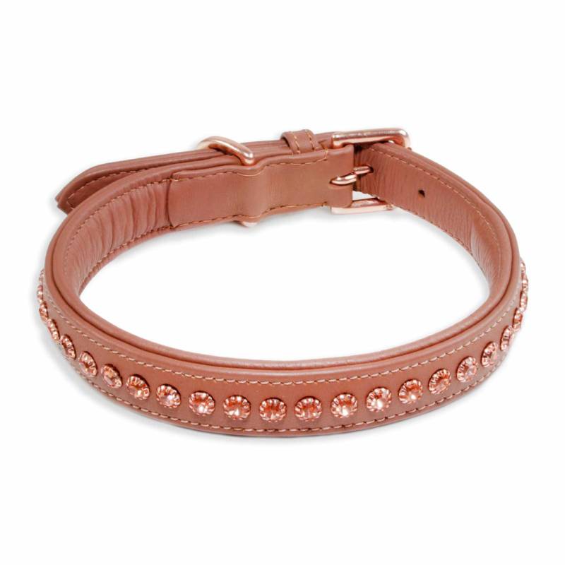 Hundehalsband aus Nappa-Leder braun gepolstert mit Kristallen L-M