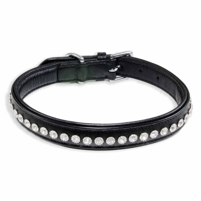 Hundehalsband aus Nappa-Leder schwarz gepolstert mit Kristallen S