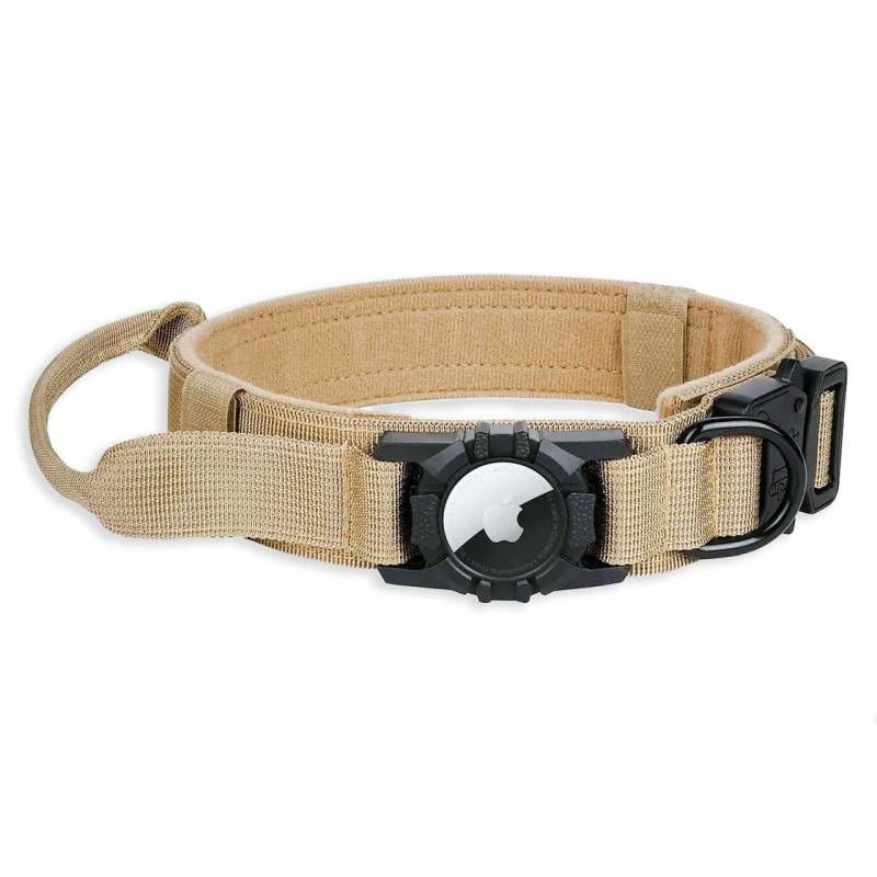 Hundehalsband taktisch mit Handgriff und Apple AirTag Halter aus Nylon beige - S