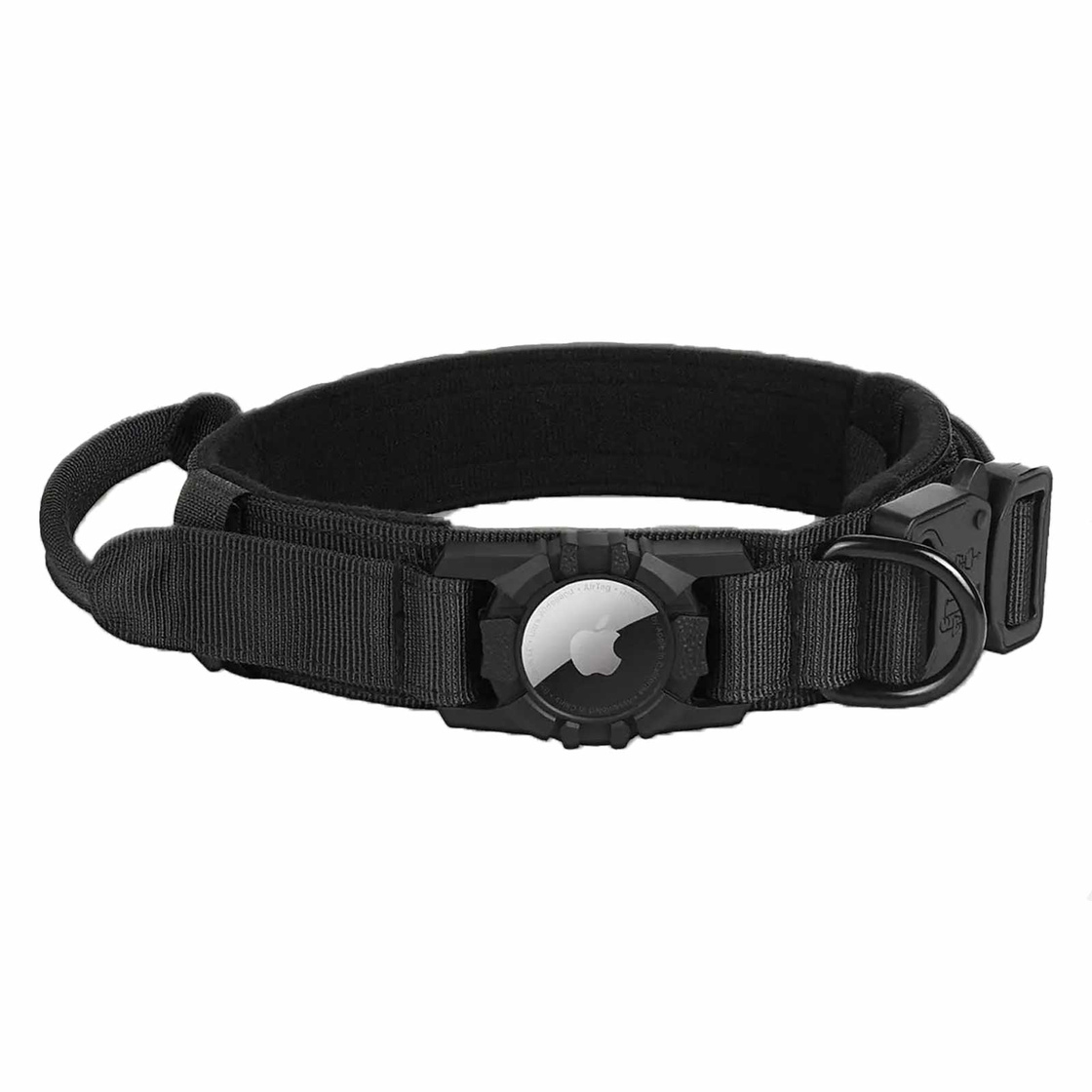 Hundehalsband taktisch mit Handgriff und Apple AirTag Halter aus Nylon schwarz - M