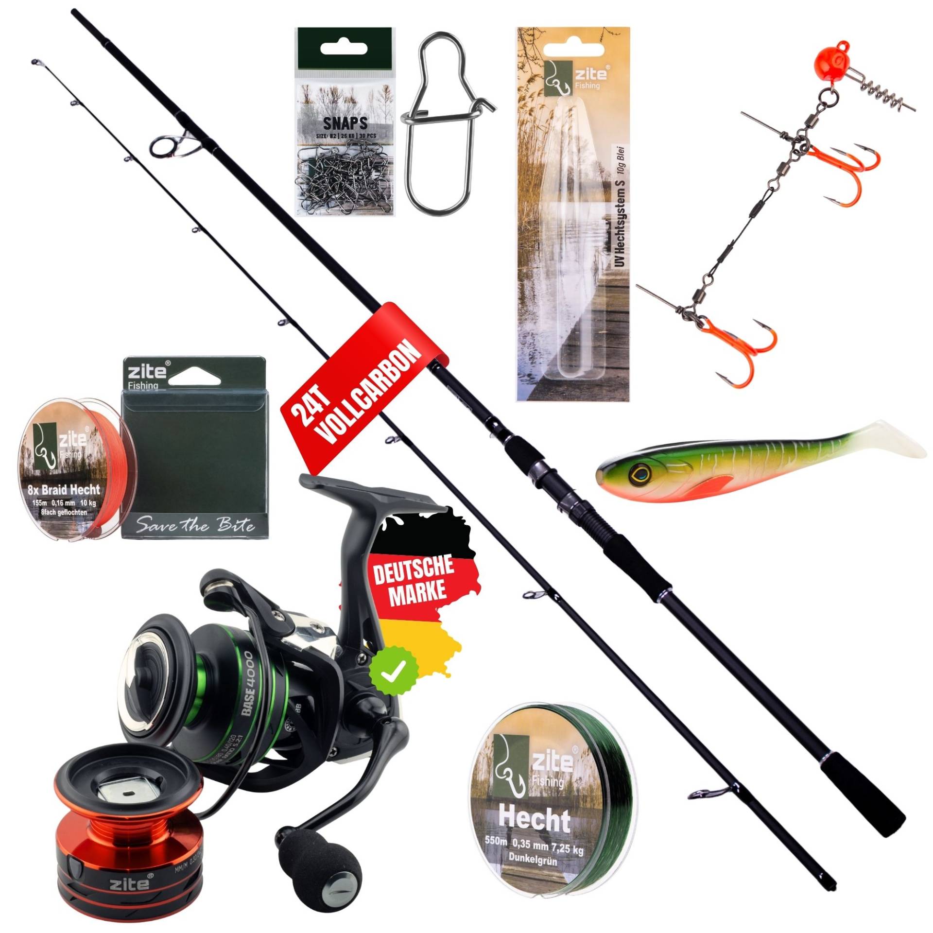 Inzite Base Stick Hecht Set - 255 Angelrute & Spinning Base Reel 4000 inkl. Schnur, Snaps, Jighaken uvm.