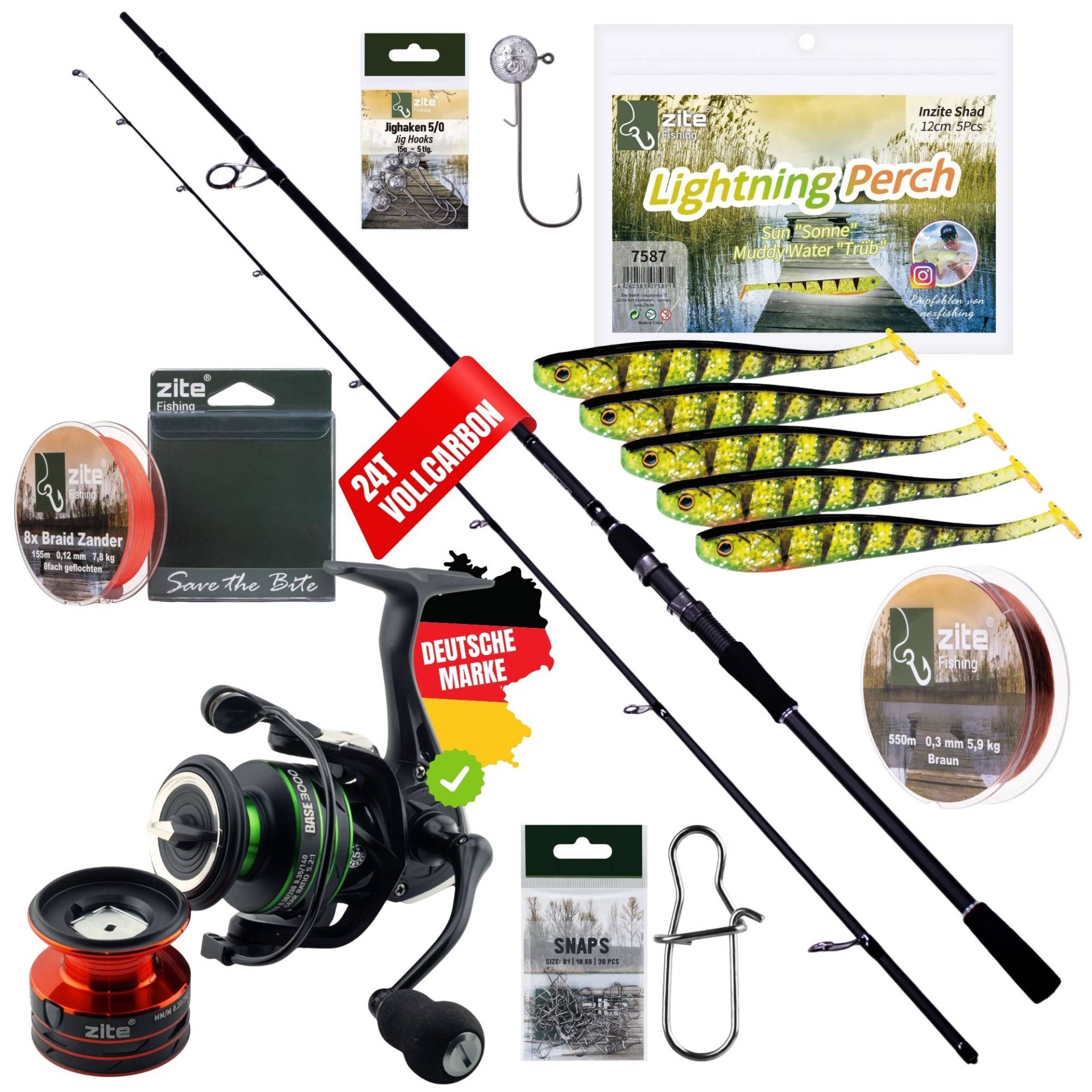 Inzite Base Stick Zander Set - 255 cm Angelrute & Spinning Base Reel 3000 + Zubehör