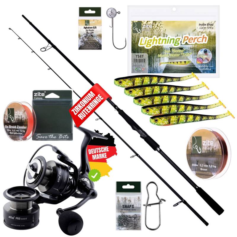 Inzite Pro Stick Zander-Set - 255 cm Angelrute + Spinning Reel Pro 3000 & Zubehör wie Snaps, Gummifische, Jighaken