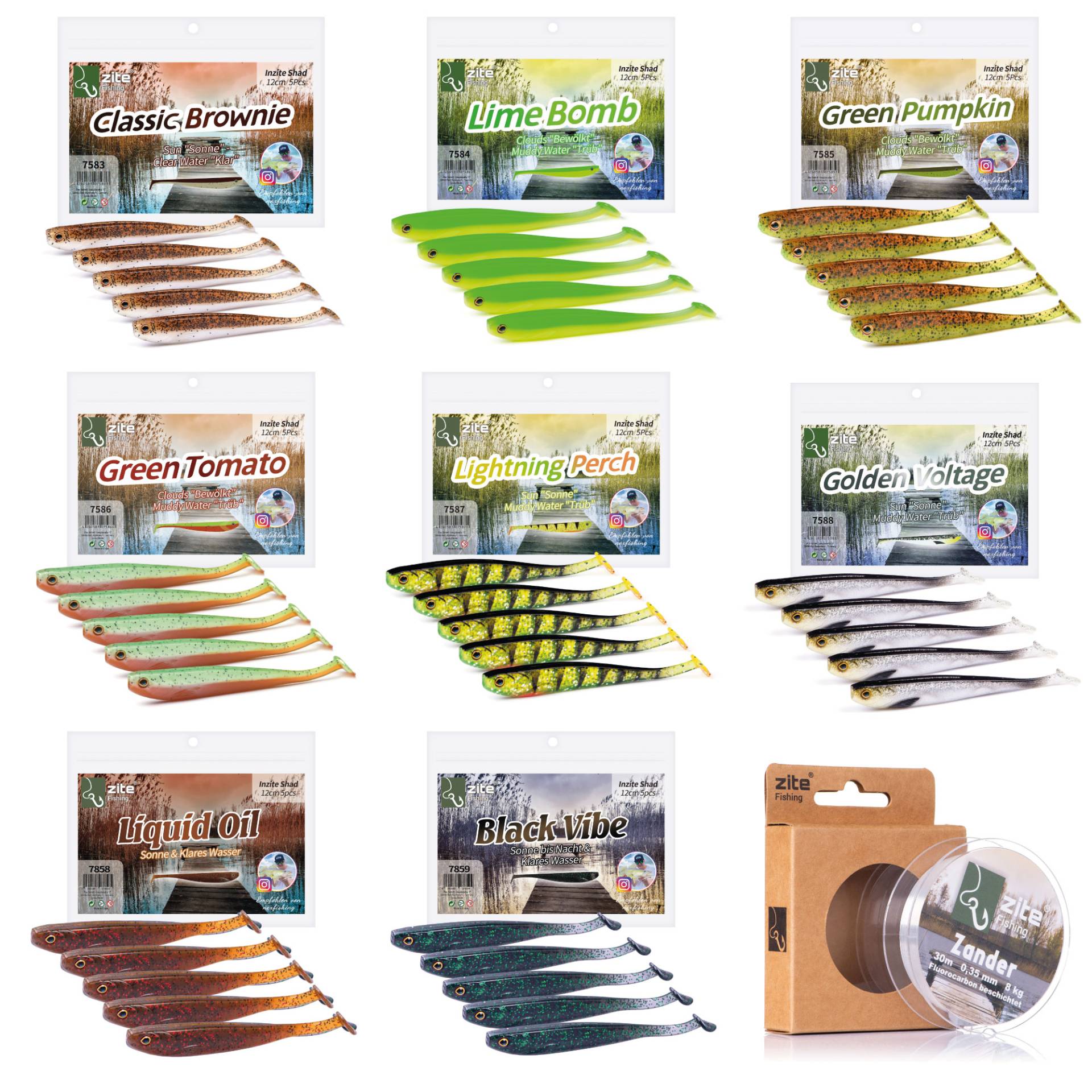 Inzite Shad Gummifische Zander Set 40 Stück - 12cm Zanderköder in 8 Farben inkl. 0,35mm Fluorocarbon von Zite Fishing