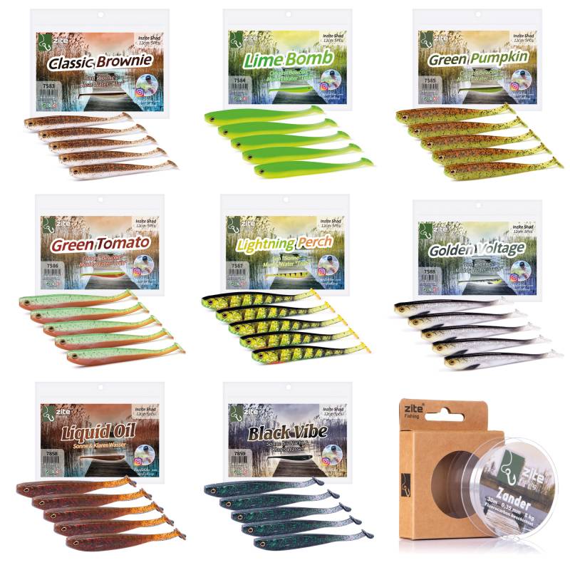 Inzite Shad Gummifische Zander Set 40 Stück - 12cm Zanderköder in 8 Farben inkl. 0,35mm Fluorocarbon von Zite Fishing