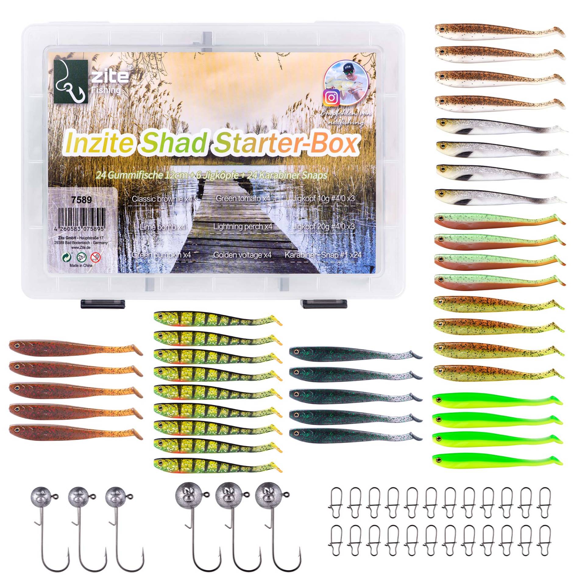 Inzite Shad Starterbox-Set 39 Zander Gummifische 12cm, 6 Jighaken, 24 Snaps + Köderbox