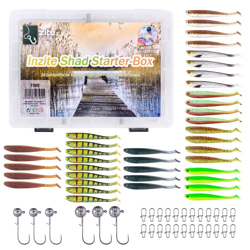 Inzite Shad Starterbox-Set 39 Zander Gummifische 12cm, 6 Jighaken, 24 Snaps + Köderbox
