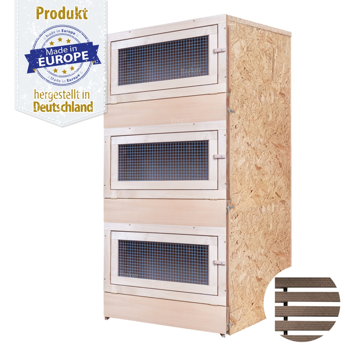 Kaninchenstall 3 Abteilungen - Holzvorderfront - 70 x 60 - mit Bodenrost