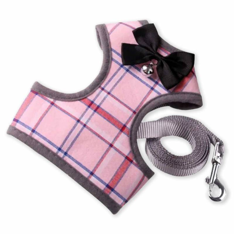Katzen Geschirr gepolstert mit Leine und Schleife - M in pink
