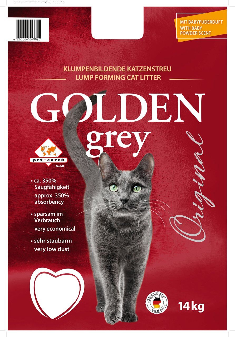 Katzenstreu "Golden Grey Original" Klumpstreu mit Babypuder-Duft