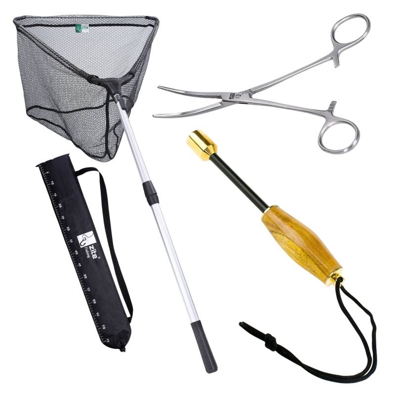 Kescher Gummiert 1,60m 2-Tlg. Bundle mit Hakenlöser Zange Gebogen & Fischtöter mit Holzgriff & Messingkopf