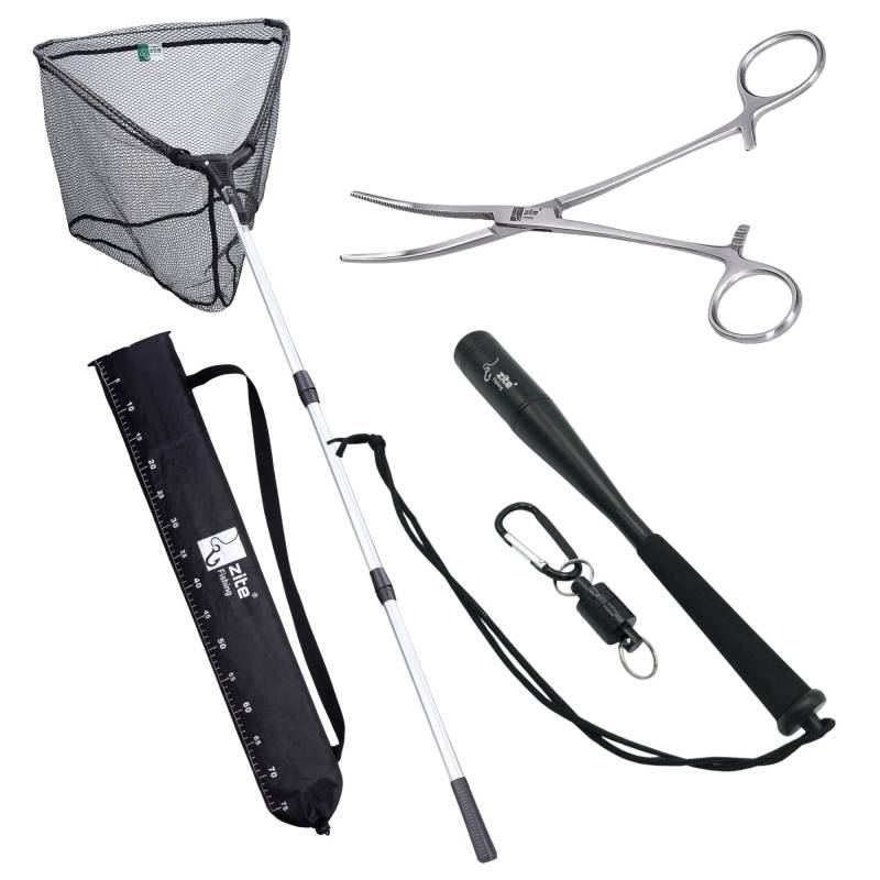 Kescher Gummiert 2,10m 3-Teilig Bundle mit Hakenlöser Zange Gebogen 18cm & Fischtöter Aluminium mit Karabiner