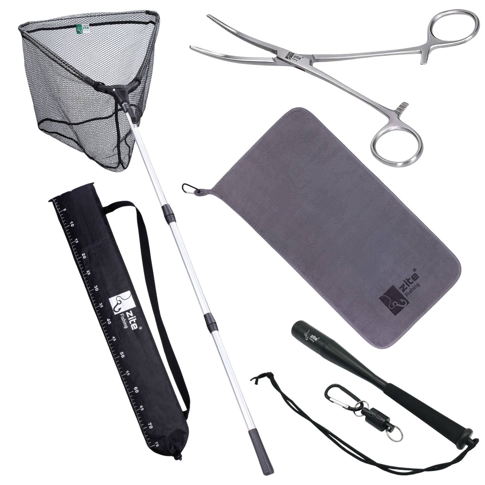 Kescher Gummiert 2,10m 3-Tlg. Bundle mit Hakenlöser Zange Gebogen, Microfaser Handtuch & Fischtöter mit Karabiner