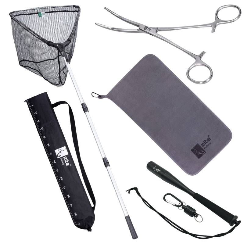 Kescher Gummiert 2,10m 3-Tlg. Bundle mit Hakenlöser Zange Gebogen, Microfaser Handtuch & Fischtöter mit Karabiner