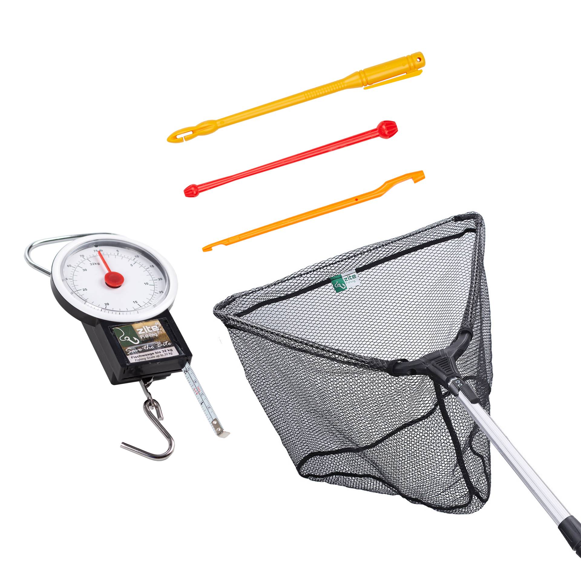 Kescher gummiert 1,60 m + Federwaage 32 kg + Hakenlöser im Set Zite Fishing