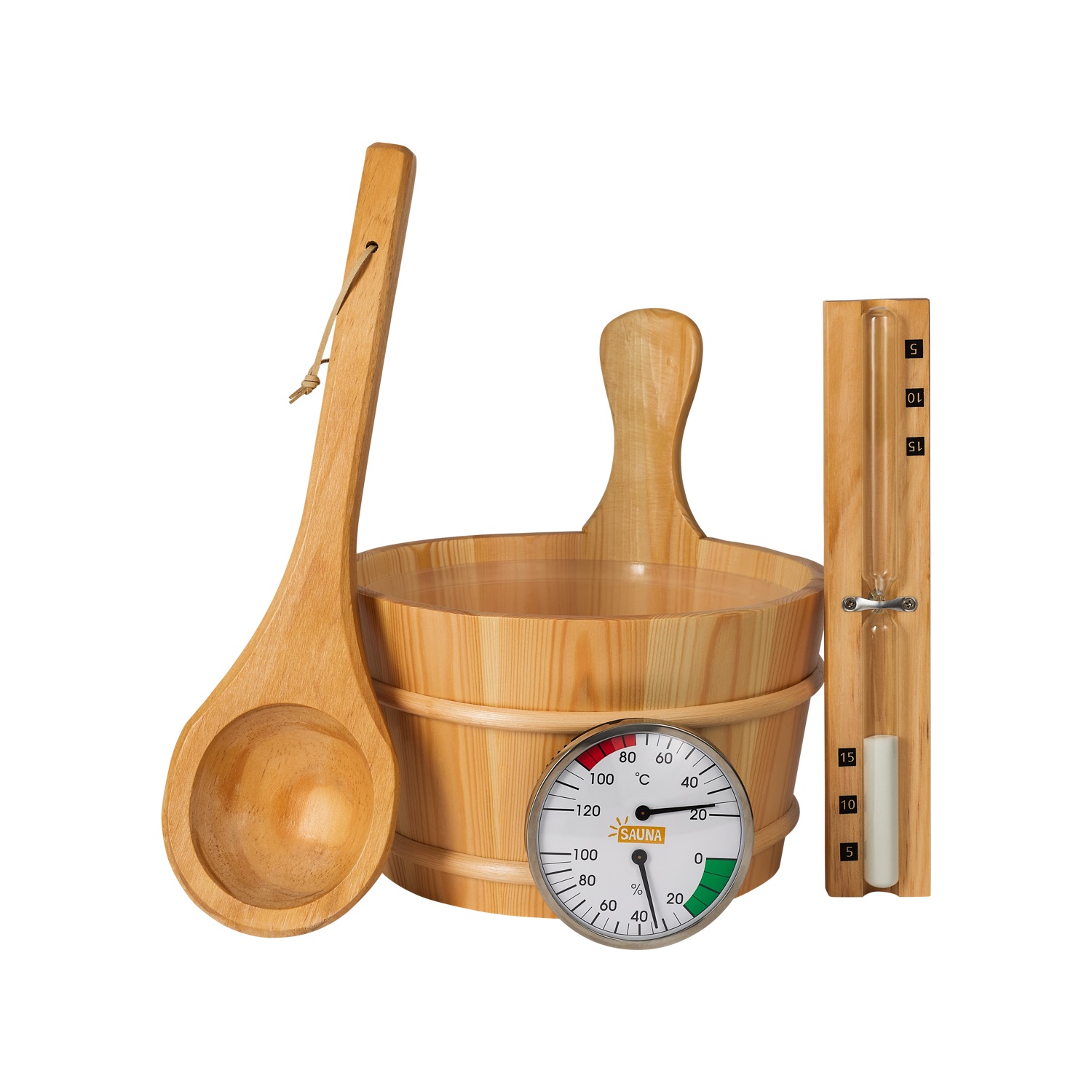 Klassisches Sauna-Zubehörset 5-teilig, Sauna-Set aus naturbelassenem Holz
