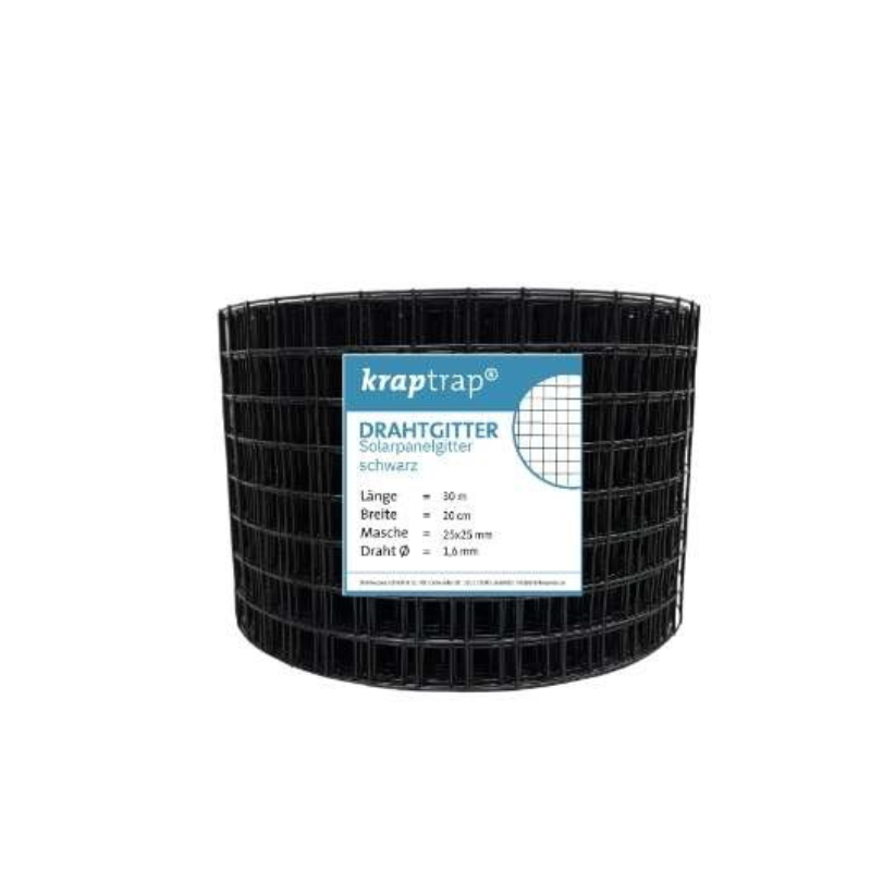 Kraptrap® schwarzes Solaranlagengitter 20cm x 30m mit 100 Befestigungshaken