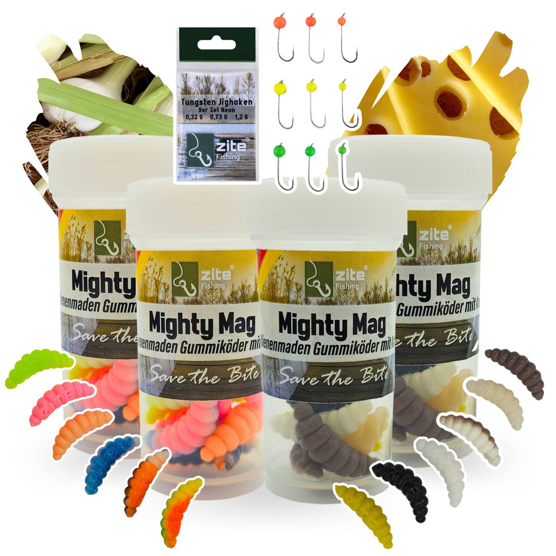 Mighty Mag Starter Set - 48 Gummiköder Knoblauch & Käse Aroma + 9 Tungsten Jighaken