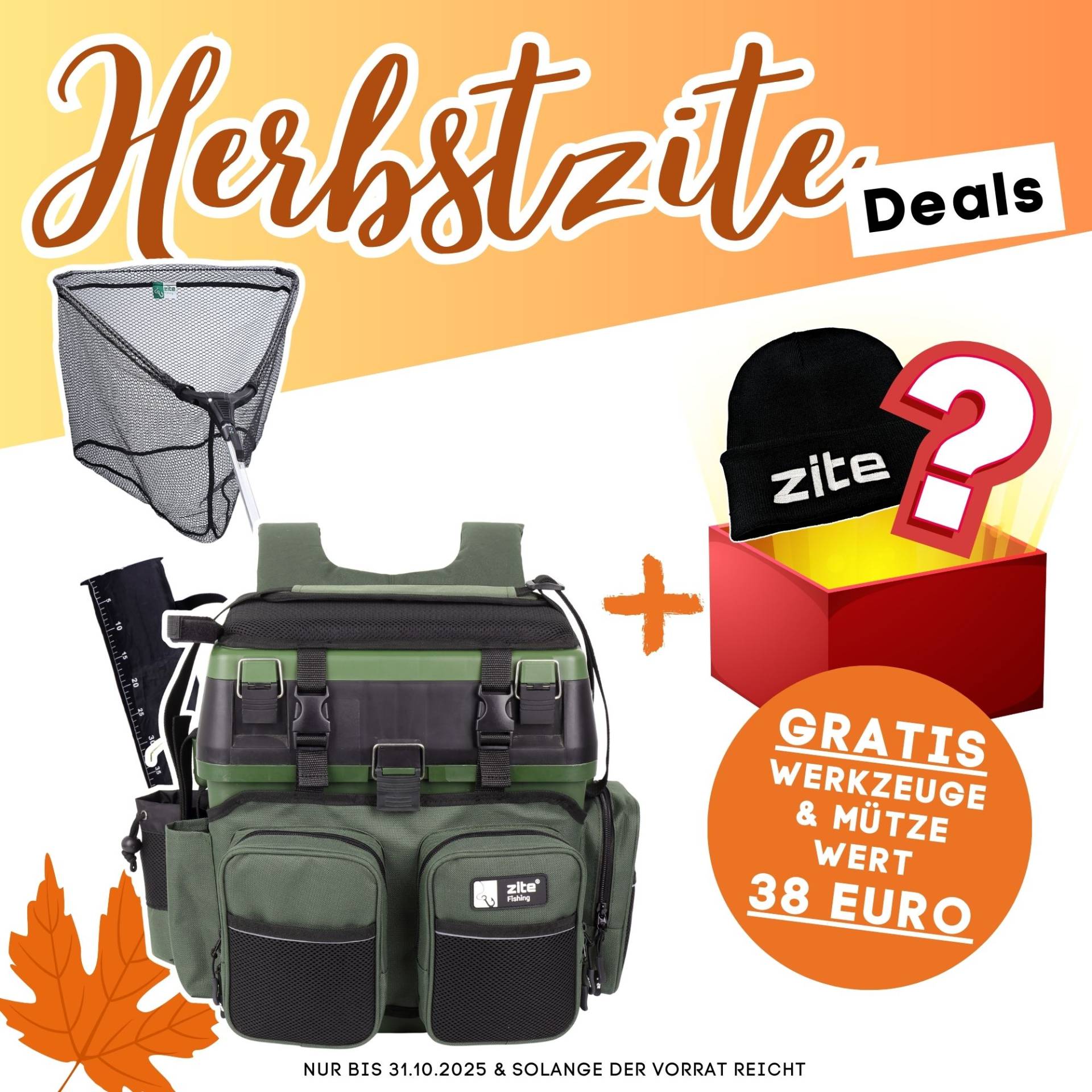 Multi-Angelkoffer Set - Angelrucksack-Sitzkiepe & 2,10m Kescher Gummiert + GRATIS Werkzeugüberraschung & Mütze