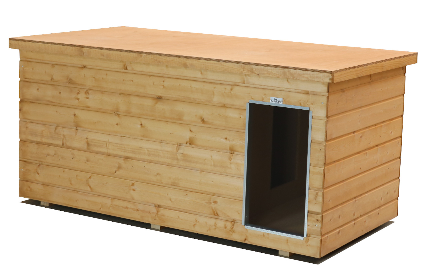Original SAUERLAND Holz-Hundehütte mit Vorraum, braun imprägniert | Flachdach Di...