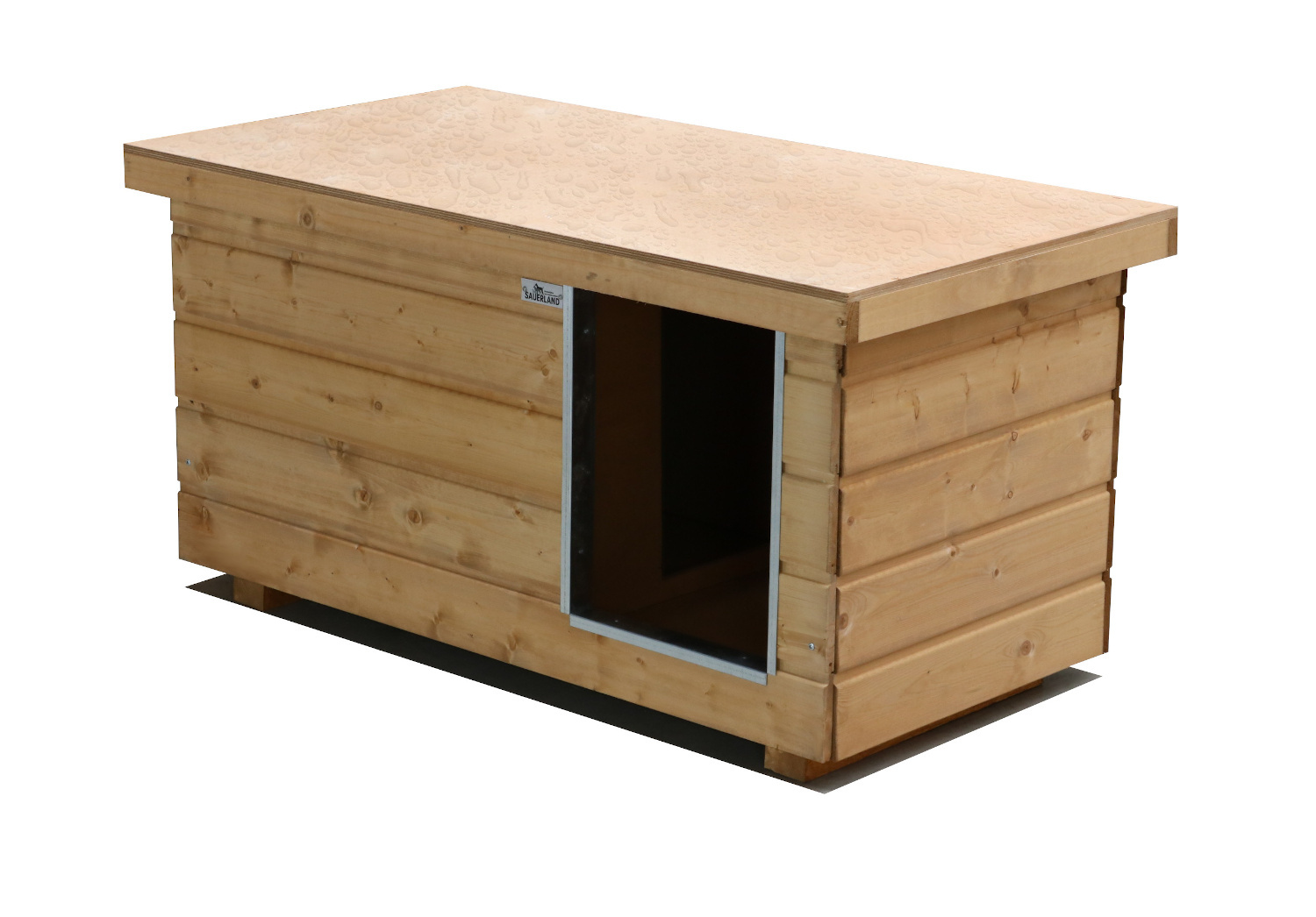 Original SAUERLAND Holz-Hundehütte mit Vorraum, braun imprägniert | Flachdach Di...