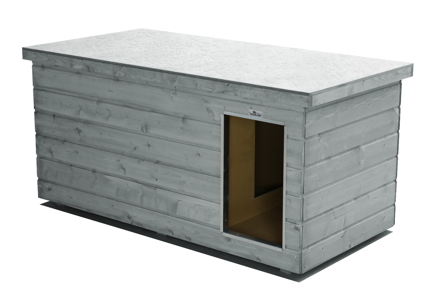 Original SAUERLAND Holz-Hundehütte mit Vorraum, platingrau | Flachdach Dickschic...