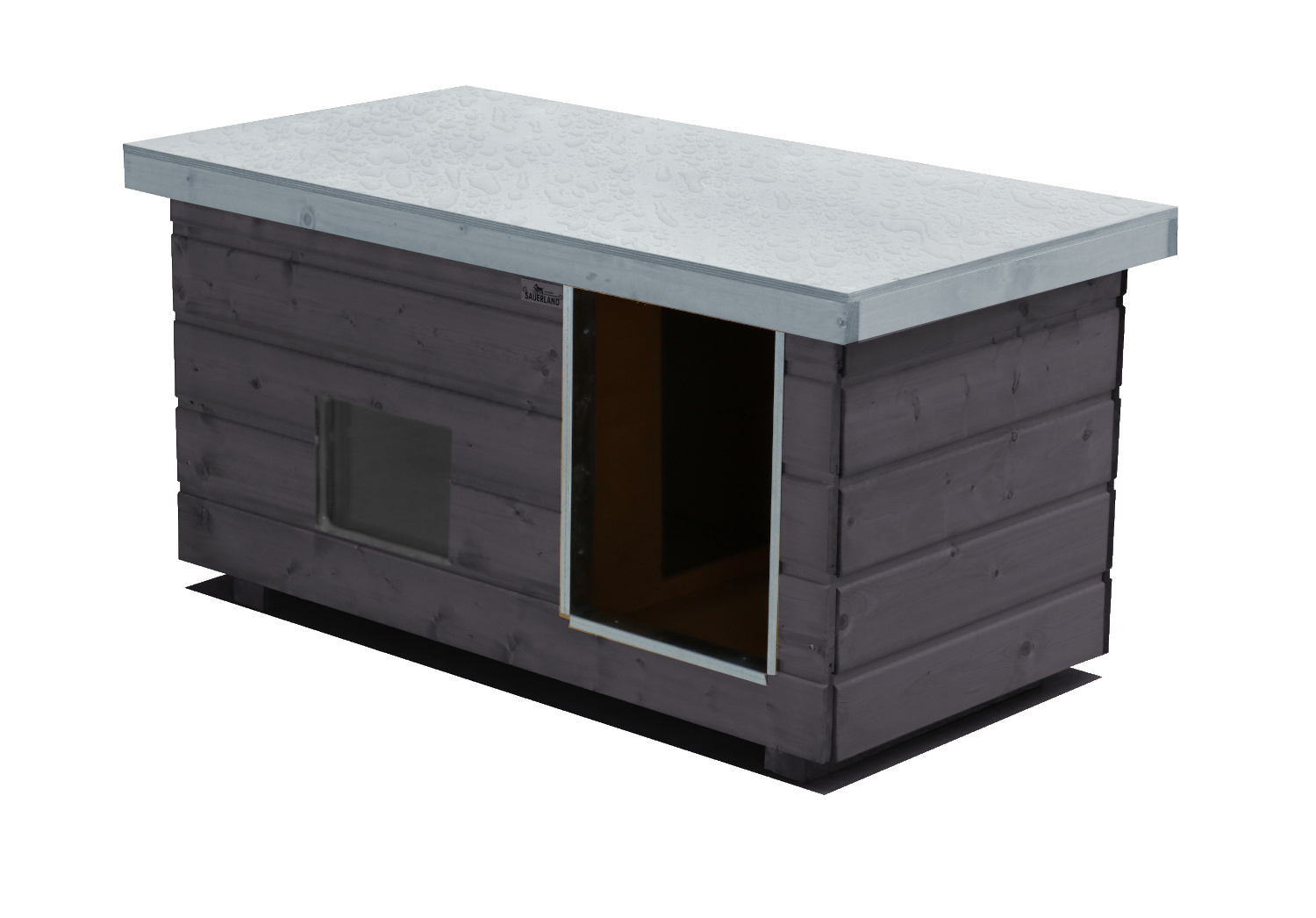 Original SAUERLAND Holz-Hundehütte mit Vorraum und Fenster, graphitgrau/platingr...