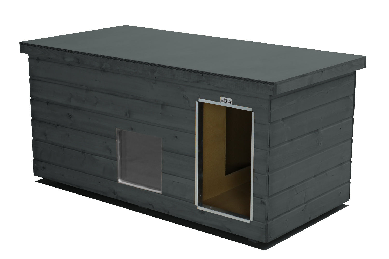 Original SAUERLAND Holz-Hundehütte mit Vorraum und Fenster, graphitgrau | Flachd...