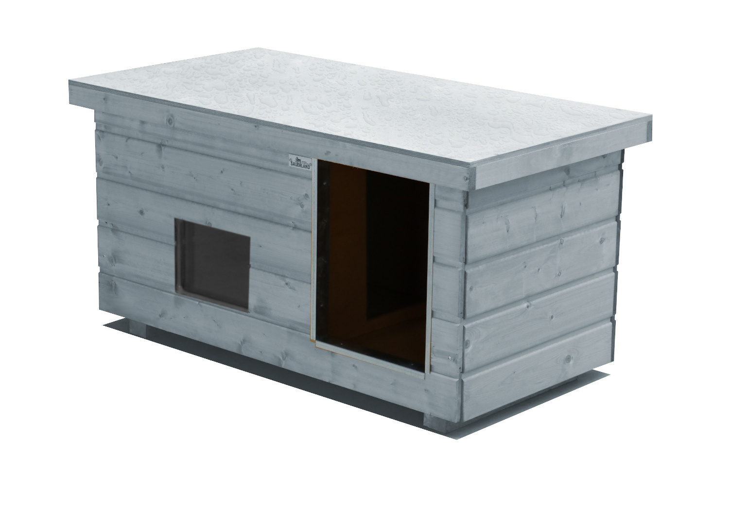 Original SAUERLAND Holz-Hundehütte mit Vorraum und Fenster, platingrau | Flachda...