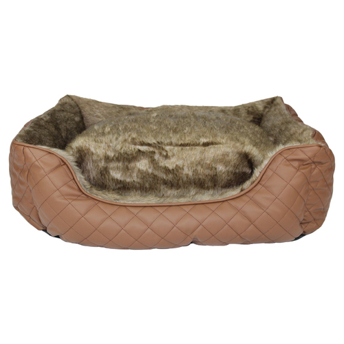 Pettimania Hundebett eckig Leder mit Fellbezug braun, Maße: 65 x 60 x 24 cm