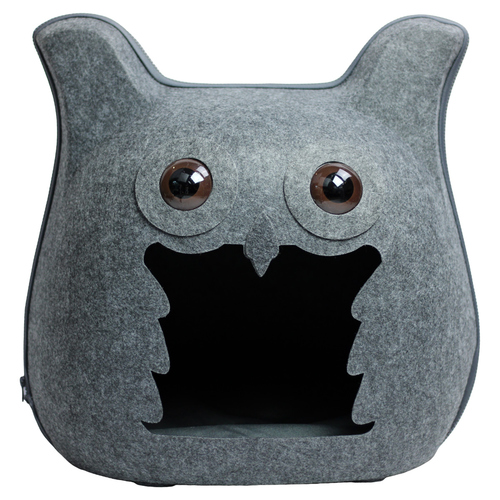 Pettimania Katzenhöhle Filz in Eulenform dunkelgrau