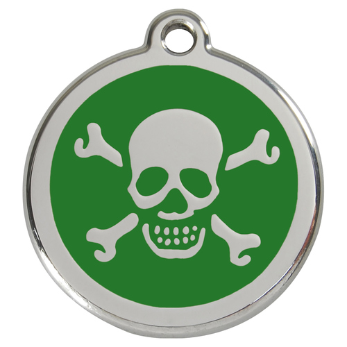 RedDingo Hundemarke mit individueller Gravur Totenkopf mit gekreuzten Knochen grün
