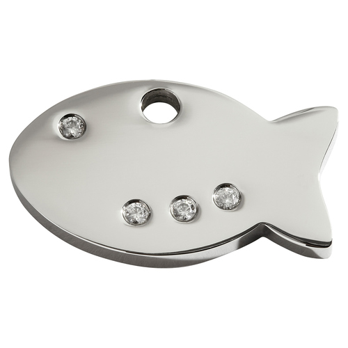 RedDingo Katzenmarke mit individueller Gravur mit Swarovski-Steinbesatz Fisch