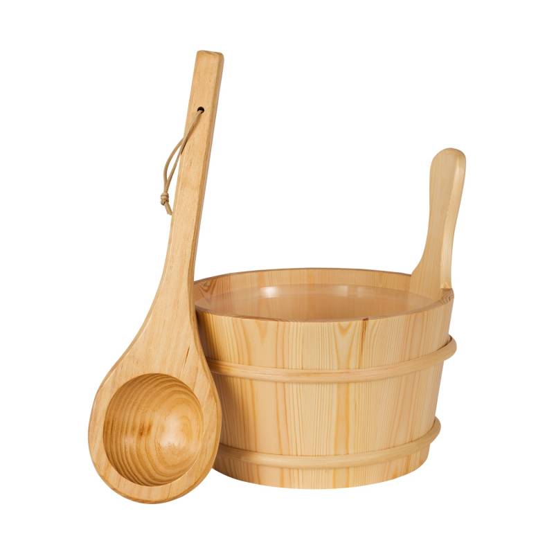 Sauna-Zubehörset Eimer und Löffel 3-teilig, Sauna-Set aus naturbelassenem Holz