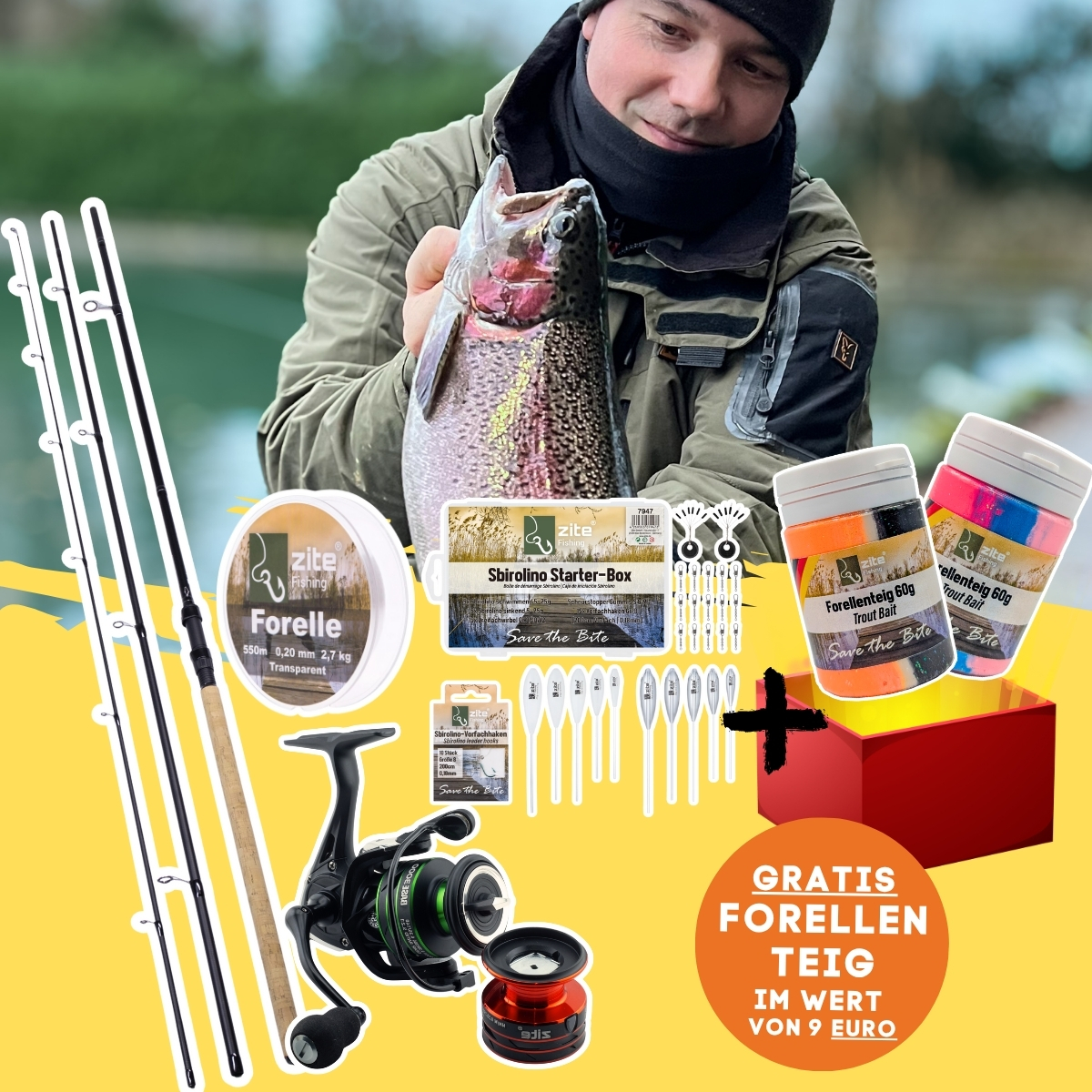 Sbirolino Forellen Komplettset mit 360 cm Sbiro Rute 3–25 g,  Reel Base 3000, Monoschnur & 2x Gratis Forellenteigen