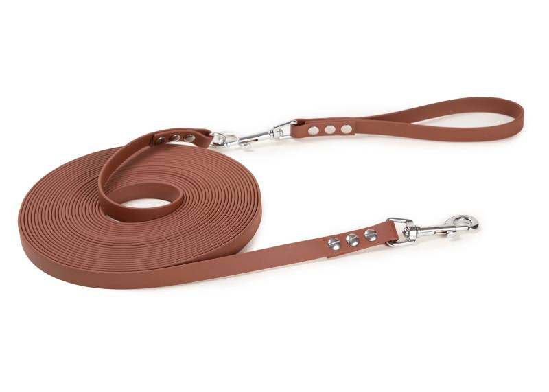 Schleppleine Superflex Hellbraun - Hunde bis 15kg 5m-Bolzenkarabiner Silber-abnehmbare Handschlaufe Schleppleine Superflex Hellbraun - Hunde bis 15kg 5m-Bolzenkarabiner Silber-abnehmbare Handschlaufe