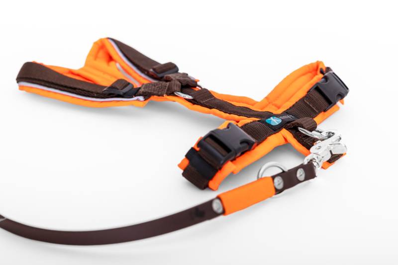 Set Leine & Brustgeschirr in neonorange-braun XXS Biothane (Größe L)