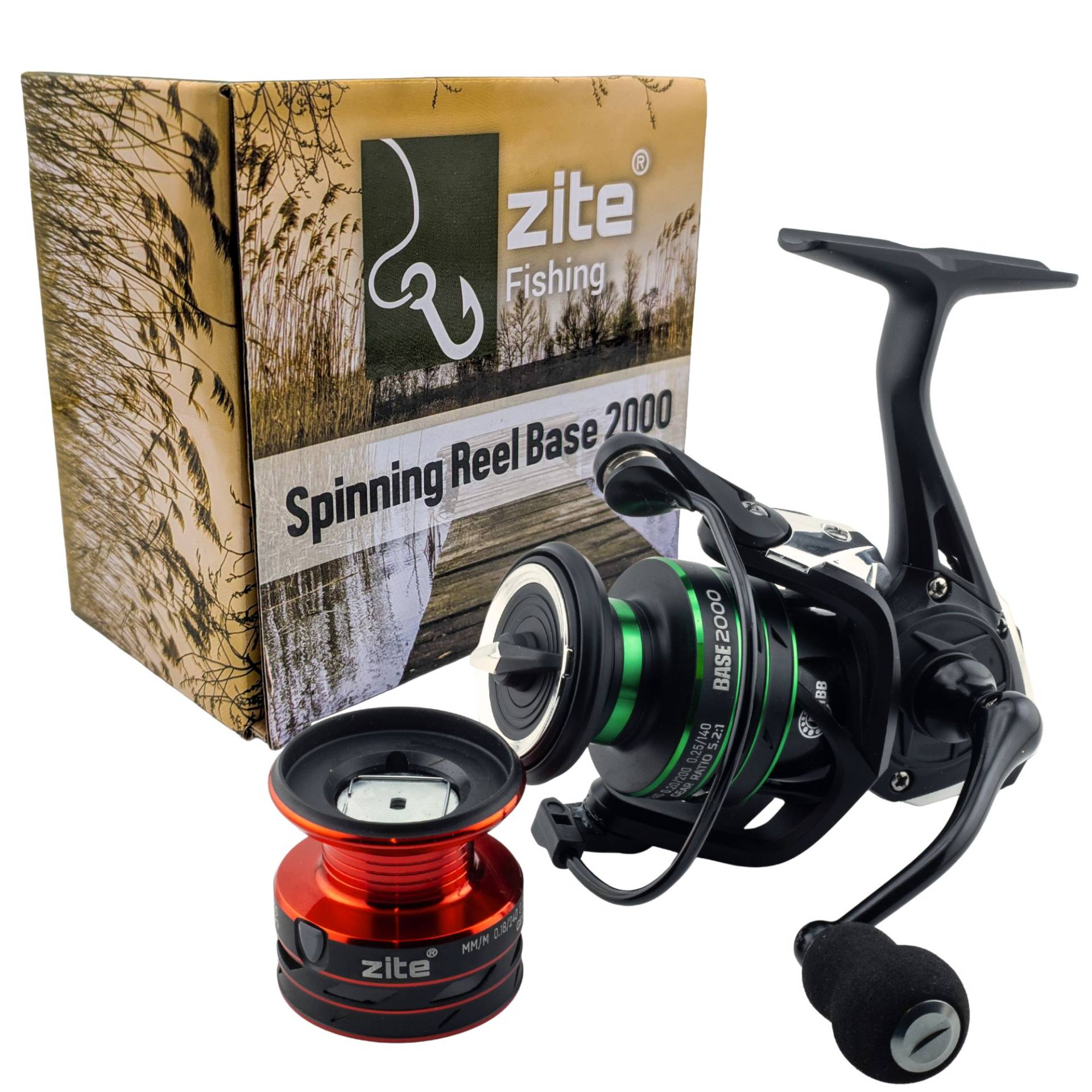 Spinning Reel Base 2000 Spinnrolle mit Frontbremse 5+1 2 Aluminiumspulen für Forelle & Barsch Spinnfischen