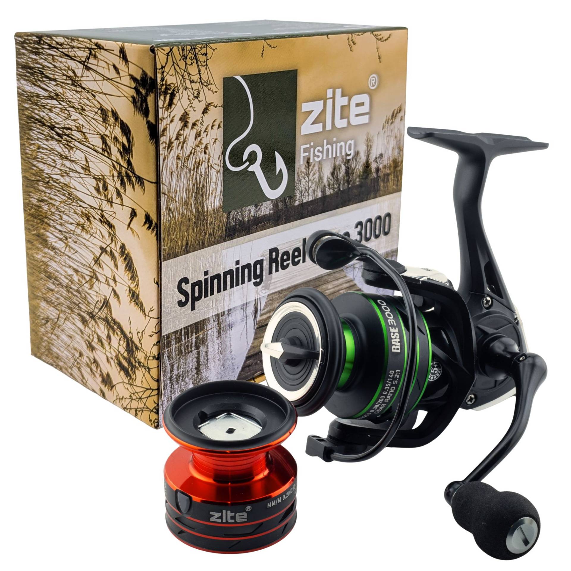 Spinning Reel Base 3000 Spinnrolle mit Frontbremse 5+1 2 Aluminiumspulen für Forelle & Barsch Spinnfischen