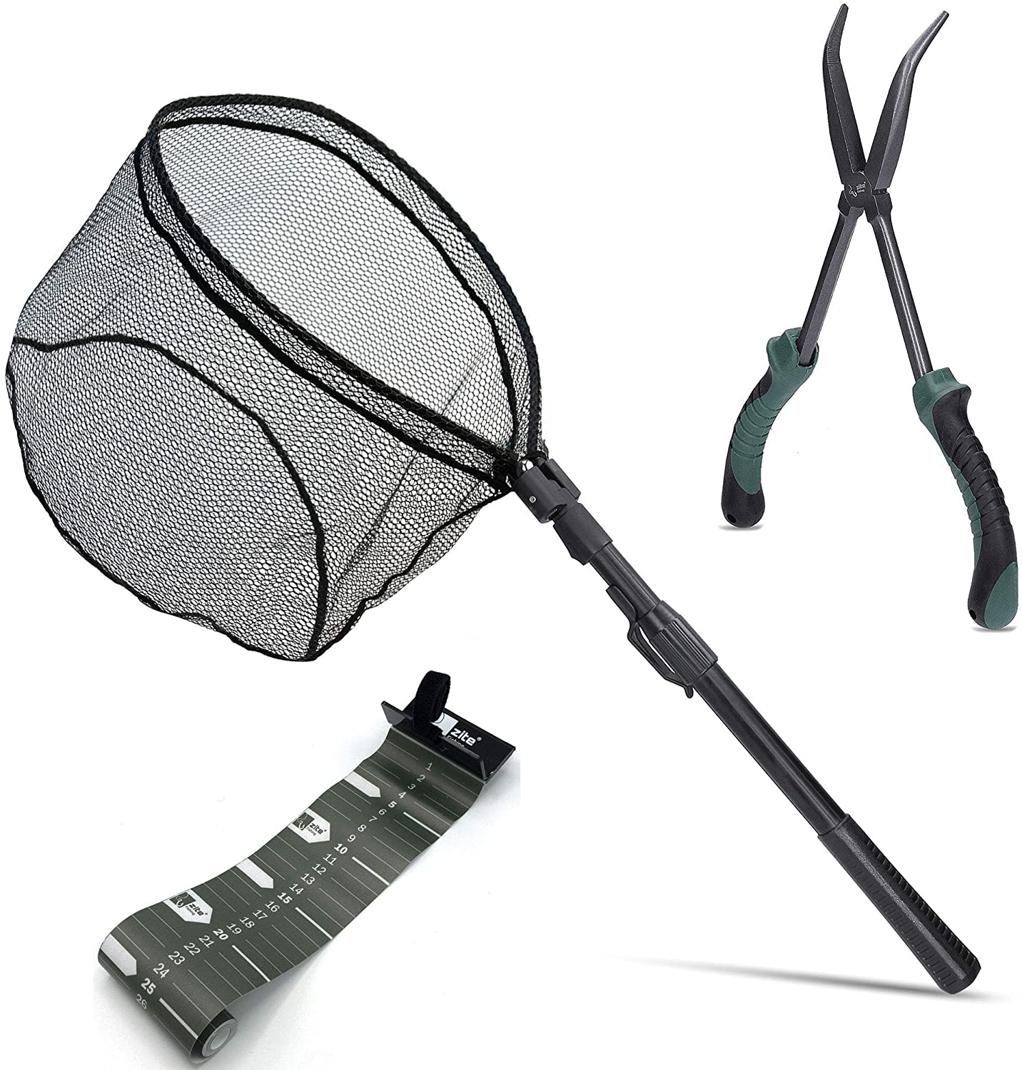 Spinnkescher Gummiert + Hakenlösezange + Scale Maßband Aufrollbar Zite Fishing Set